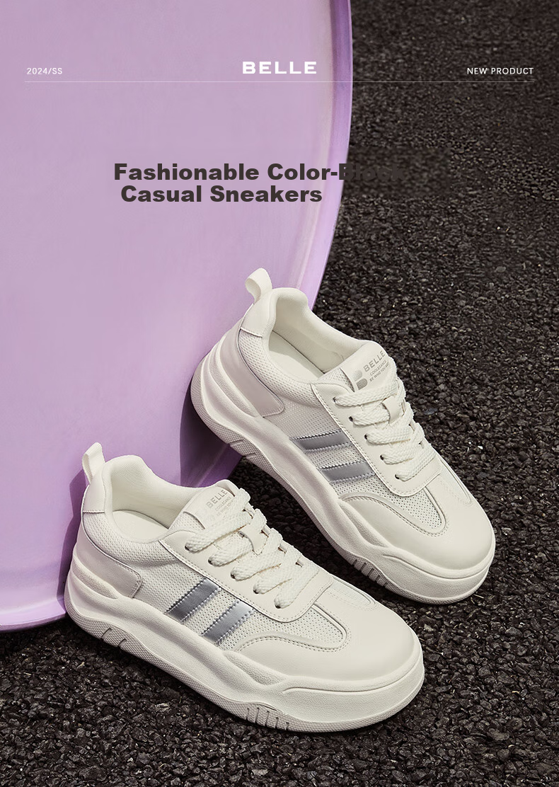 Belle Thick-Soled Platform White Sneakers for Women, Summer Breathable Lightweight Casual Skateboard Shoes B1831BM4 Starlight Silver 39 1