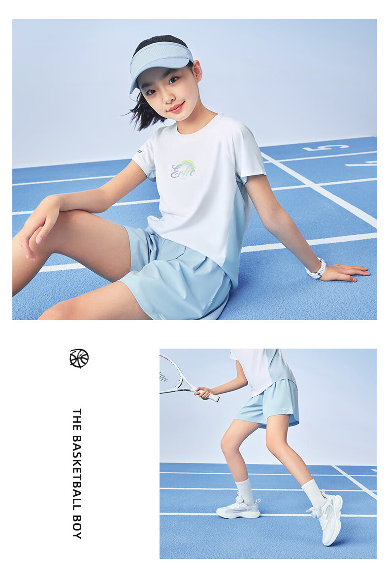 ERKE Kids Girls Sports Set Children's Casual Short Sleeve Set Pure White 120 14