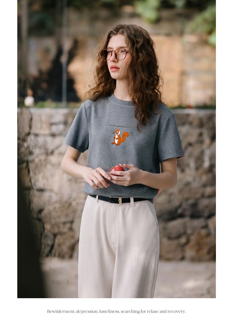 Olrain Colorblock Letter Embroidered Casual T-Shirt Summer Women's Short Sleeve Top Gray (New Batch) M 11