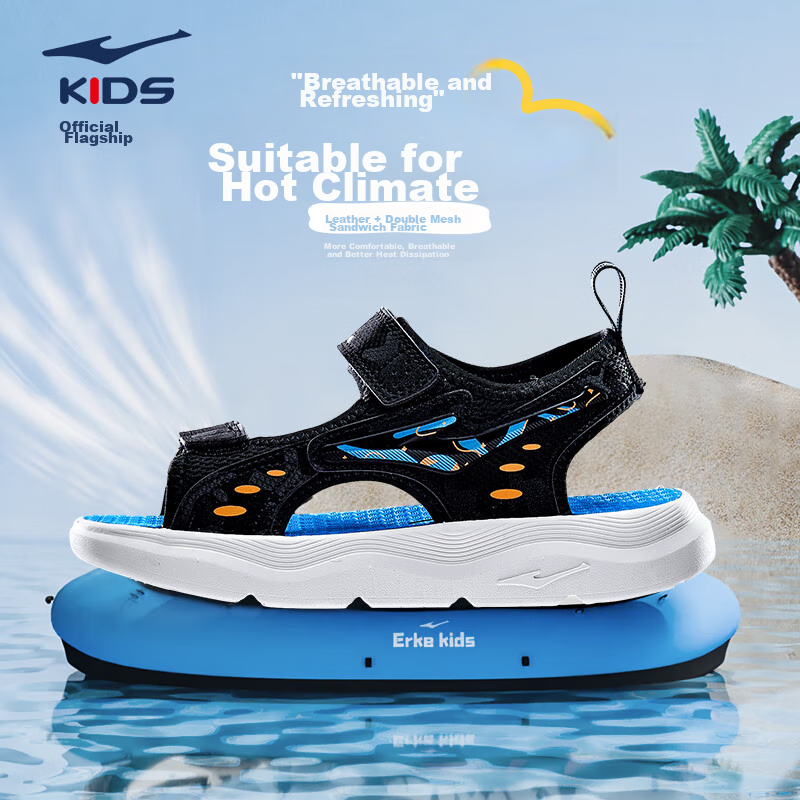 ERKE Children's Shoes, Boys' Sandals, Kids' Double-Layer Velcro Open-Toe Outdoor Sandals, Black/beach Blue, Size 34