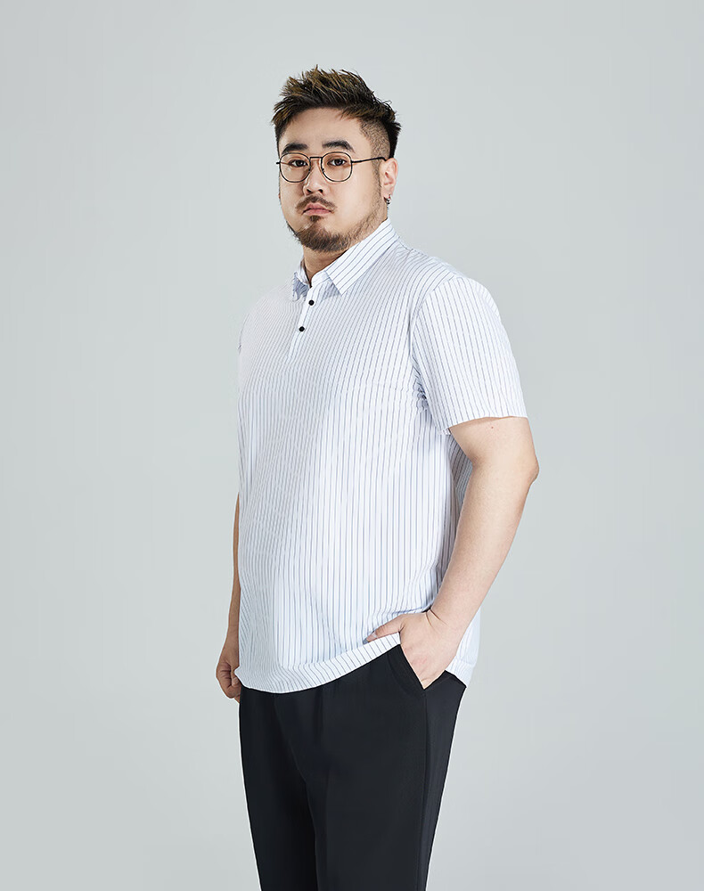 Ayoupang Summer Short-Sleeve Ice Silk Plus-Size Polo Shirt, Business Striped Loose Elastic T-Shirt for Men, Navy Blue, XL 16