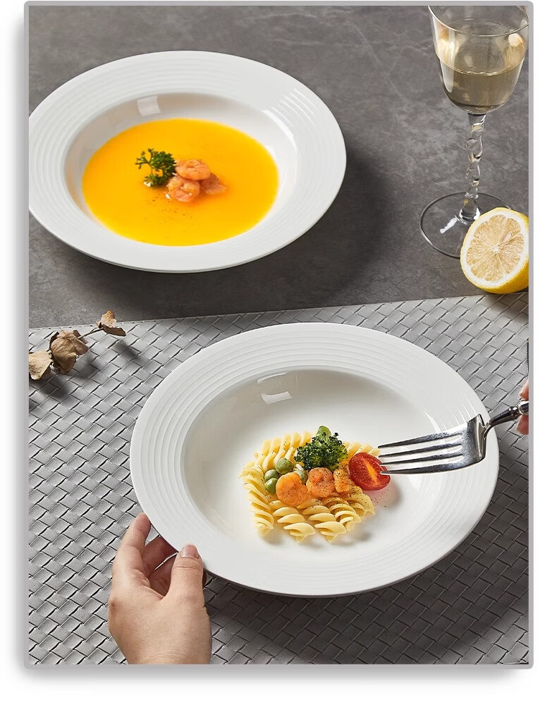 JIWUSENLIN Straw Hat Plate, Household Salad Plate, Threaded Ceramic Soup Bowl, Western Pasta Dish, White, 8.5 Inches, Set of 4 10