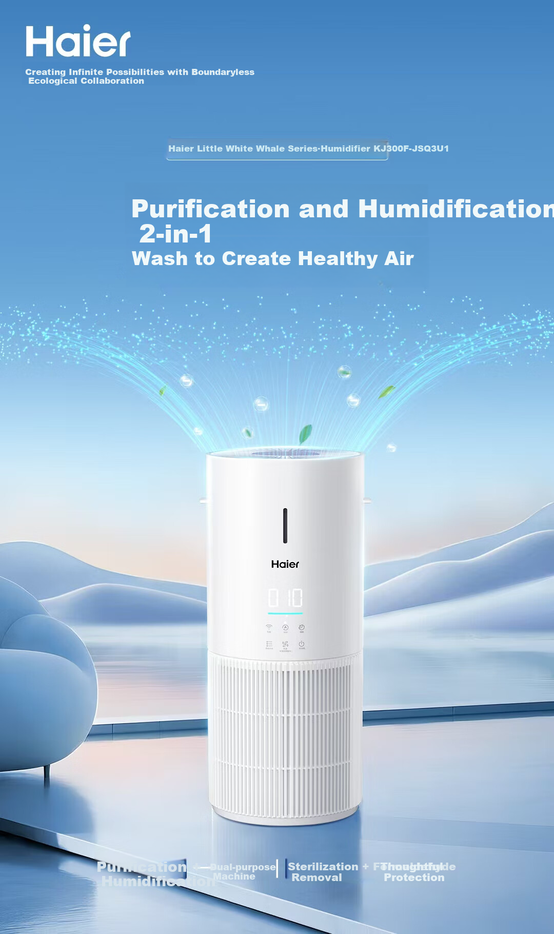 Haier Air Purifier, Home All-In Purifier And Humidifier, New House Formaldehyde Removal, Bacteria Elimination, Secondhand Smoke Odor Elimination, Allergen Removal, Pet Dander Elimination, Suitable for Bedroom And Mother And Baby Use, Baijing JS3 1