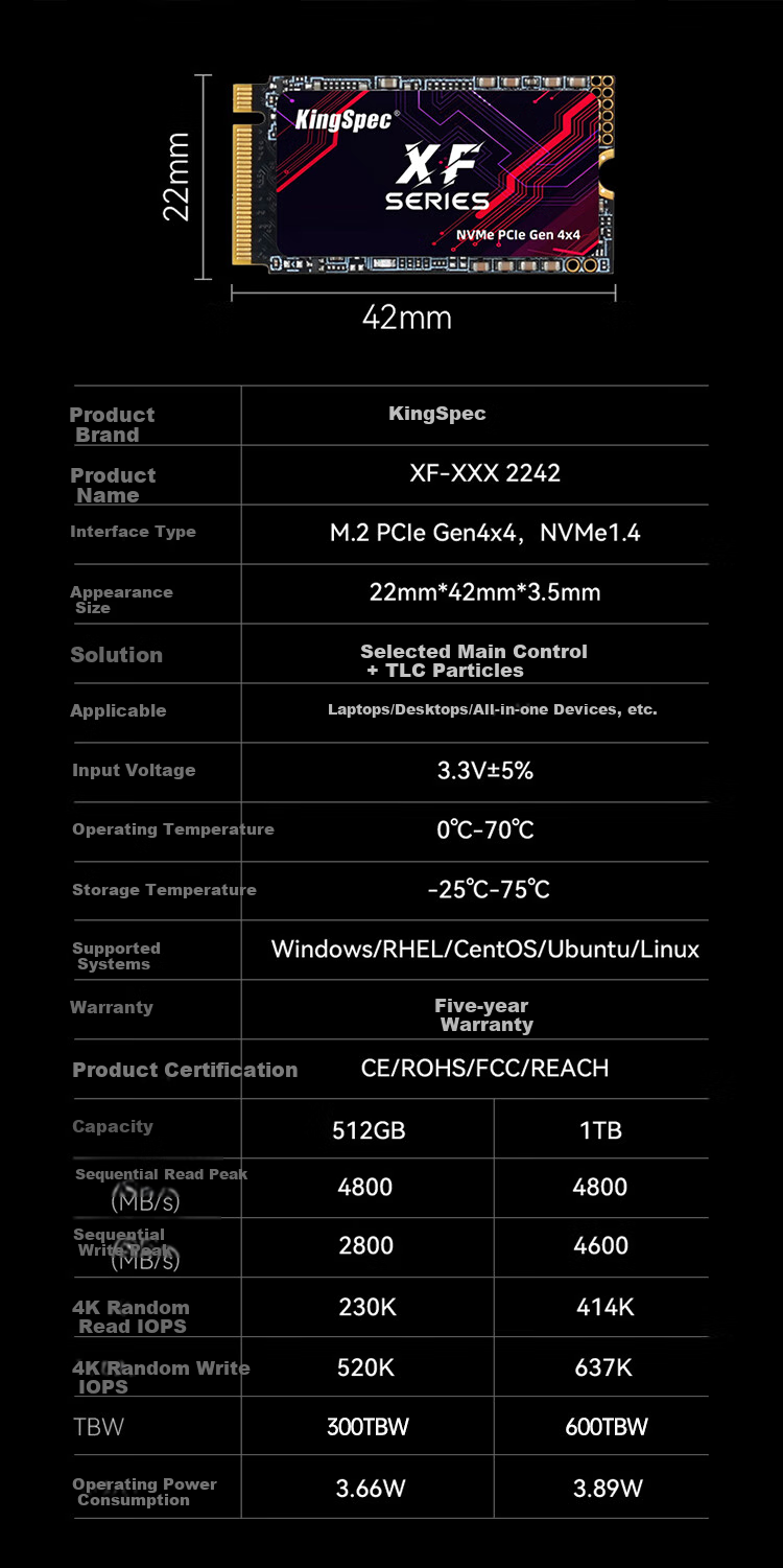 KingSpec 1TB SSD NVMe 2242 M.2 Interface, Selected TLC NAND, PCIe 4.0, Read Speed 4800MB/s, AI PC Storage Accessory 9