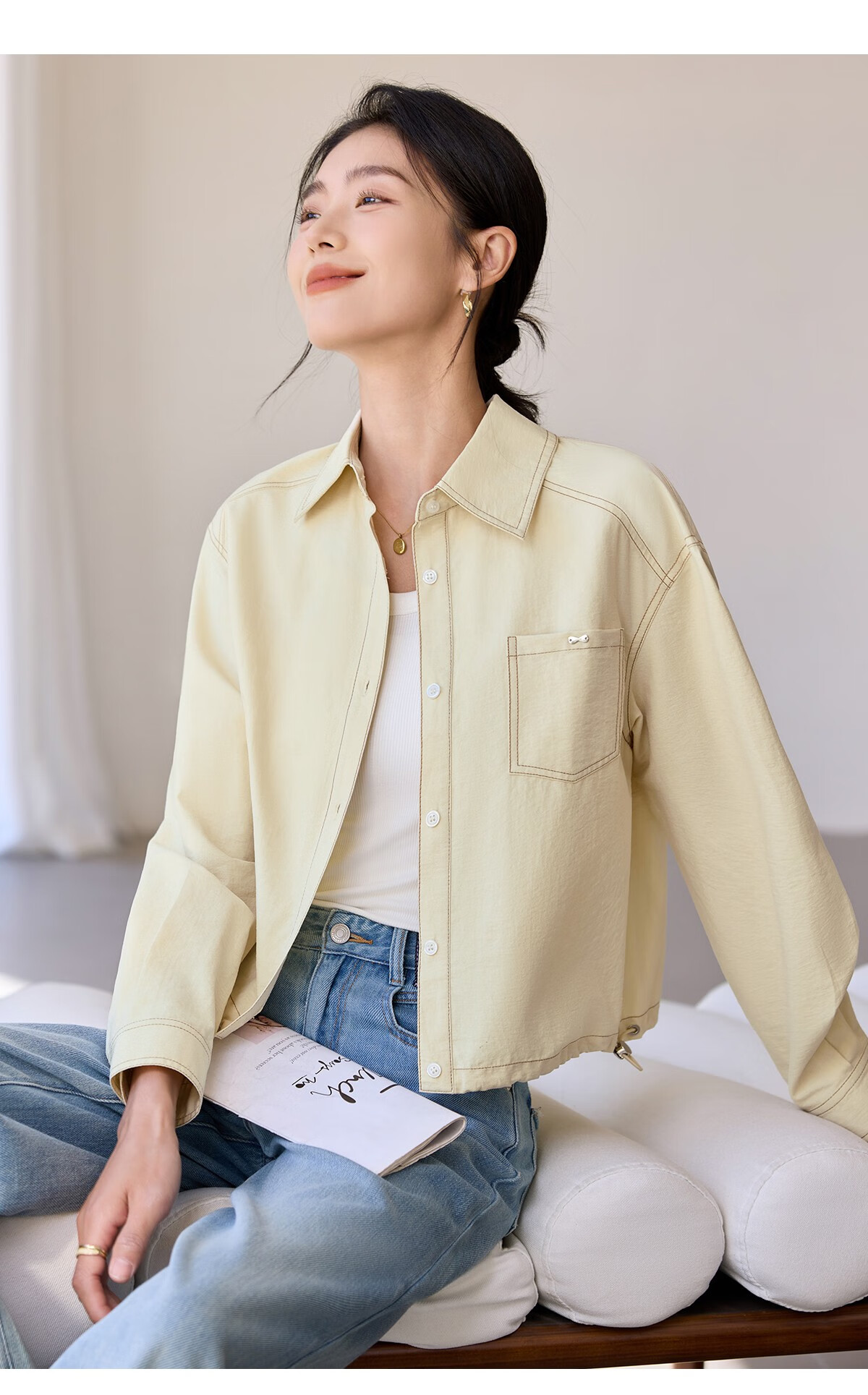 Chushen Women's Short Autumn Shirt Jacket with Drawstring Hem, Contrasting Color Stitching Design for Petite Figures S51D039 26