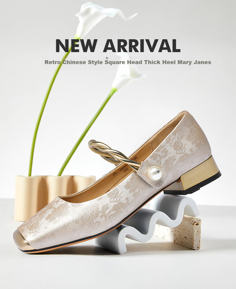 Goldlion Women's Shoes, New Chinese-Style National Fashion Flats, Chunky Heel, Color-Block Mary Jane Shoes, G686430283, Champagne Color, Size 37 1