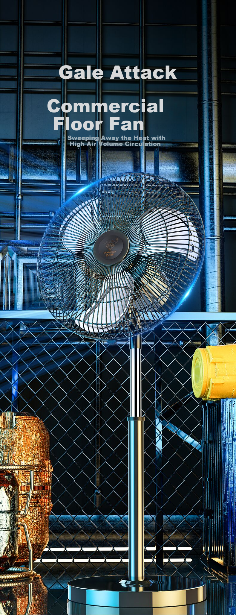 DIAMOND Industrial Fan, Floor Fan for Home Use, Standing Electric Fan with Strong Airflow And Oscillation, Powerful Electric Fan for Living Room, Commercial Use in Factories And Workshops, Aluminum Blades, Commercial Fan HF1602A 3