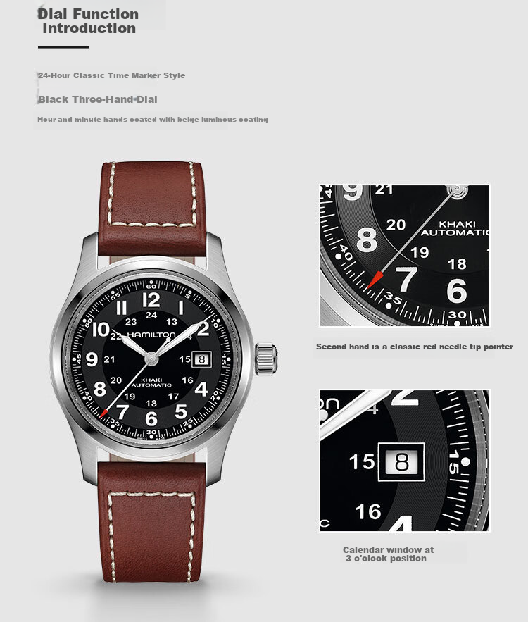 Hamilton Khaki Field Small Red Cap 38 Black Dial Steel Strap Swiss Mechanical Watch, Men's Gift 4