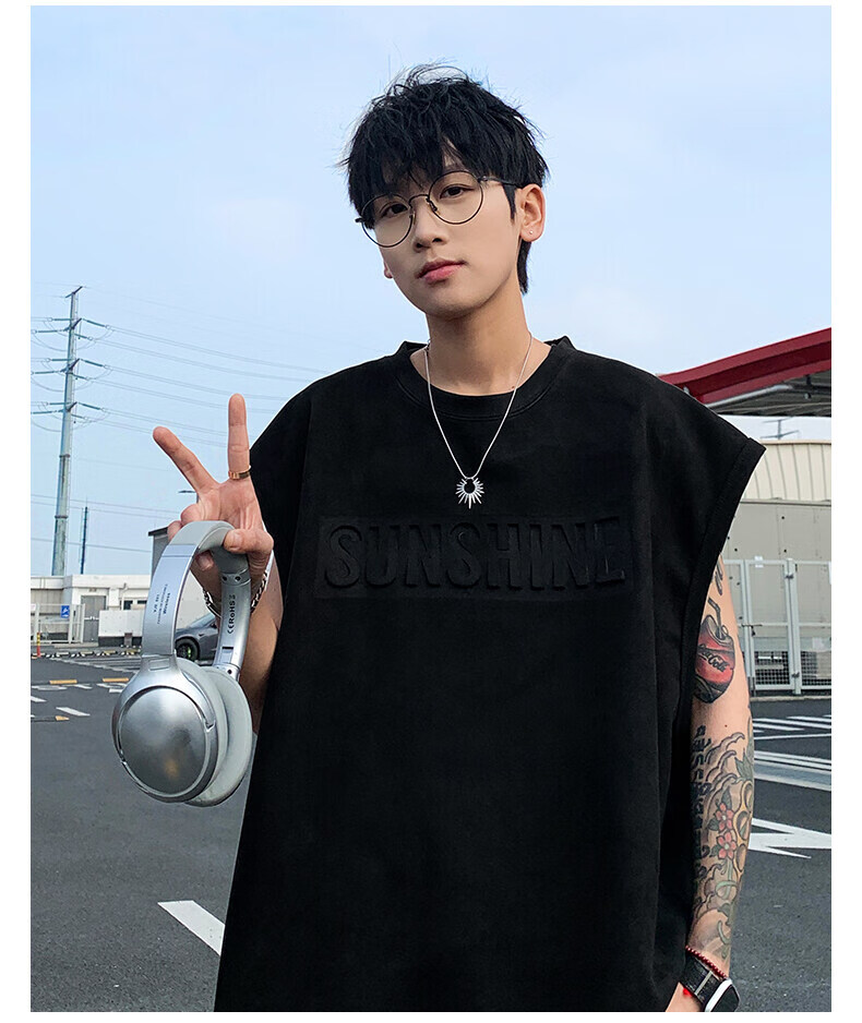 Zofili Men's Summer Letter Steel Stamp Loose Casual Versatile Sleeveless T-Shirt Youth Trendy Sports Vest Tank Top 9