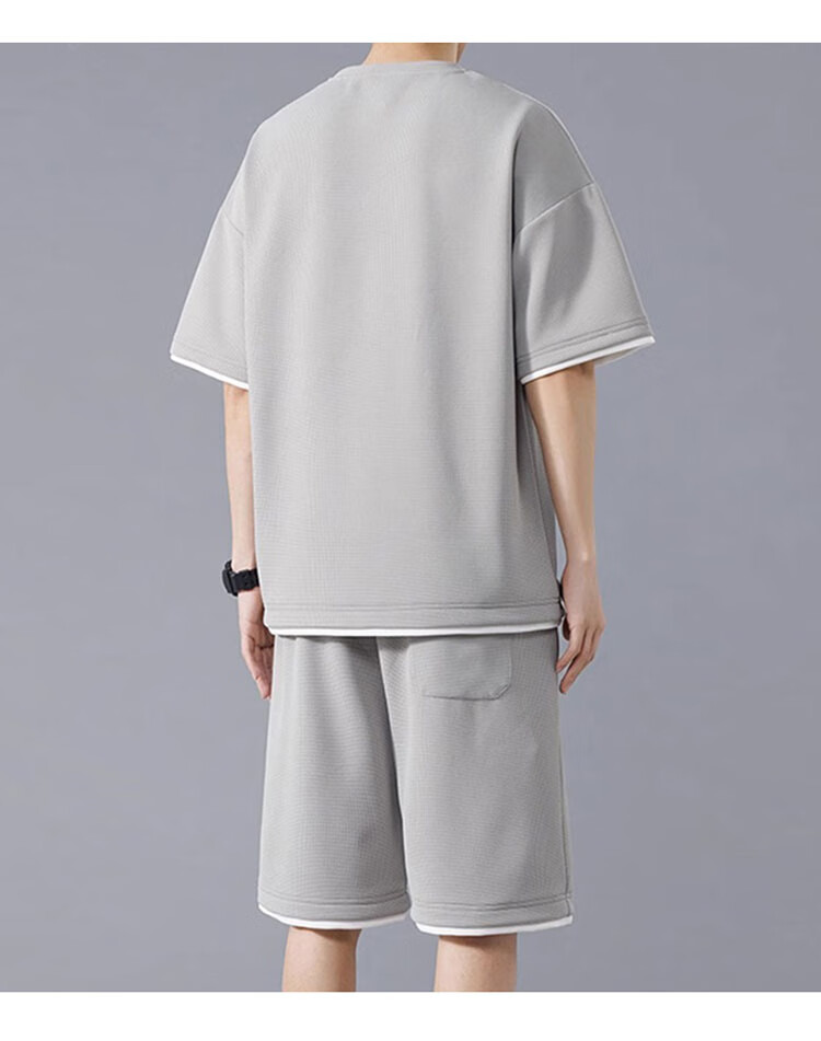 JEEP SPIRIT Men's Summer Waffle Short Sleeve T-Shirt and Shorts Set Casual Sports Two-Piece Suit Off-White L 9