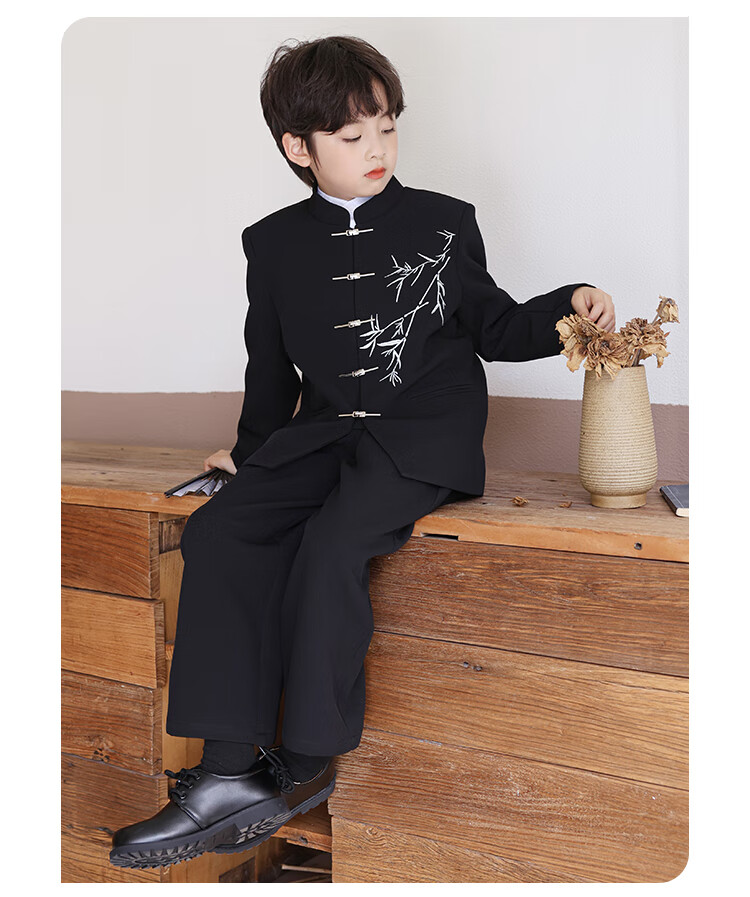 LUOBOBEIBEI Boys' New Chinese Style Ethnic Jacket Children's Traditional Tang Suit Performance Outfit Black Two-Piece Set 160 1
