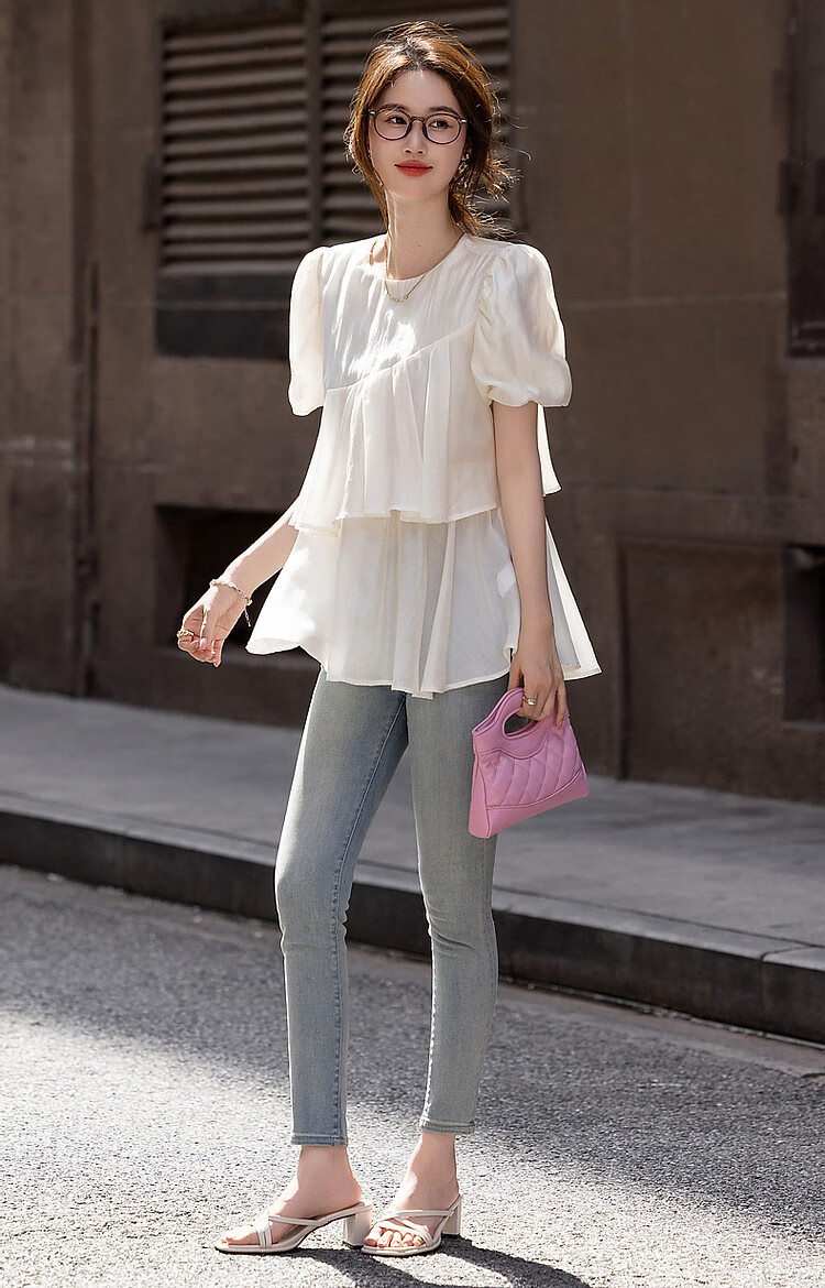 Dme [Luorimian] Summer Breathable Lyocell Tencel Shirt with Asymmetric Ruffle Collar And Puff Sleeves Top 8