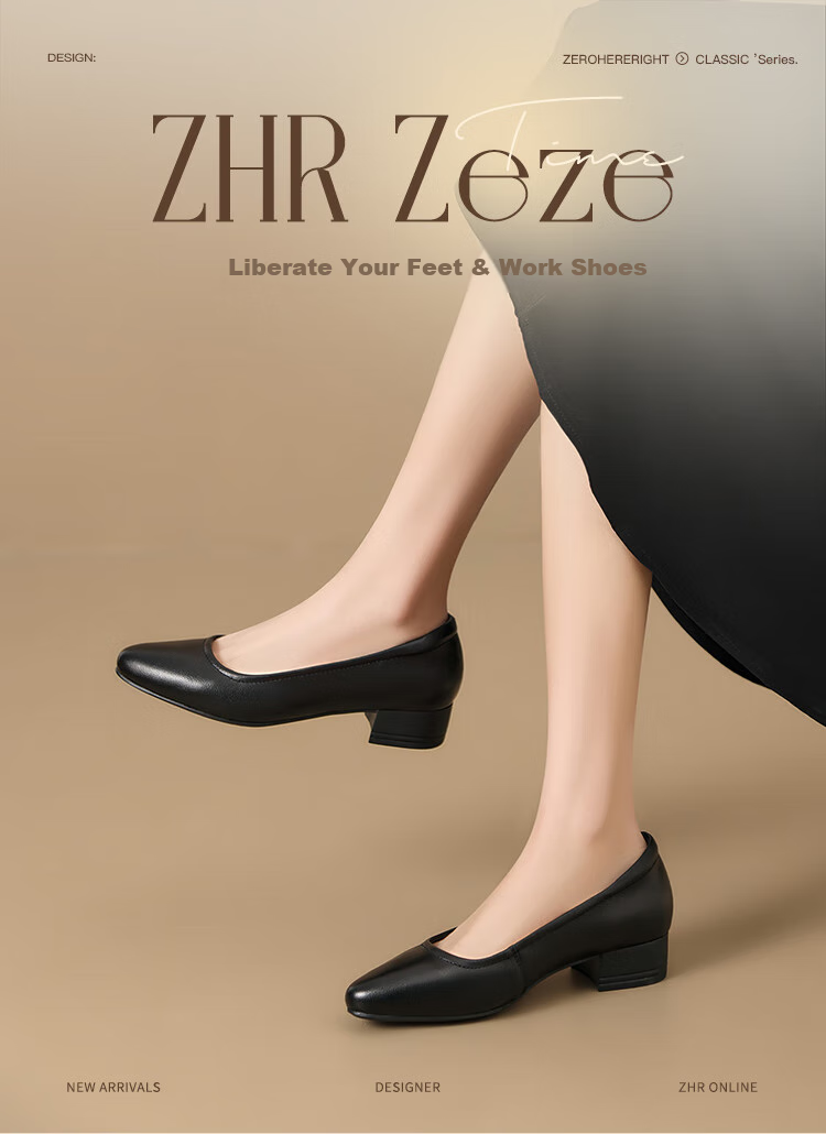 ZHR Top-Grain Leather Women's Pumps, Commuter Style, Chunky Heel, Comfortable Business Work Shoes for Women, KM31, Black, Size 38 1