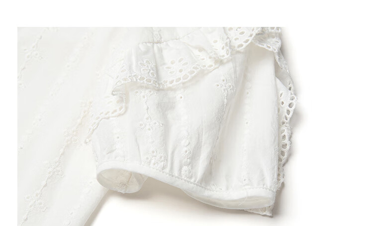 Inman Lotus Leaf Collar Hollow Embroidered Pure Cotton Shirt 2025 Summer Women's Vacation Style Puff Sleeve Blouse Pearl White M 11