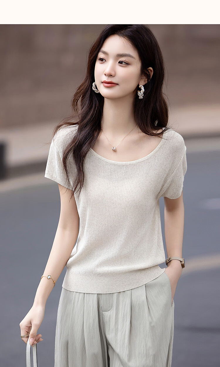Demana Natural Linen Summer Elegant Round Neck Short Sleeve Loose Knit Top for Petite Women 24