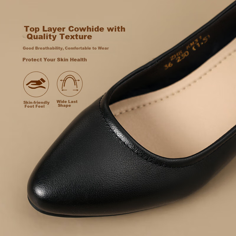 ZHR Top-Grain Leather Women's Pumps, Commuter Style, Chunky Heel, Comfortable Business Work Shoes for Women, KM31, Black, Size 38