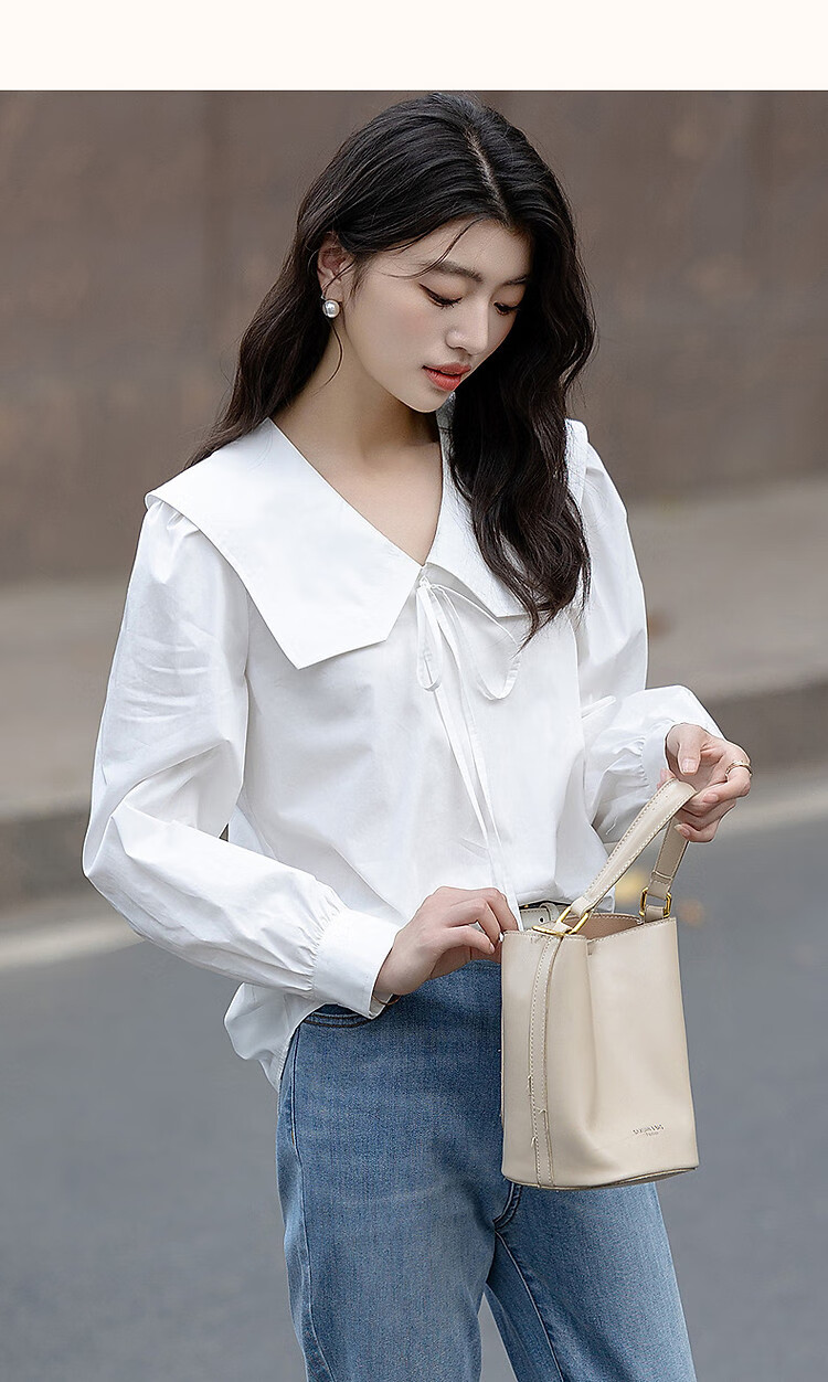 Dme [Will Breathe Cotton] Spring And Autumn Japanese Artistic Turndown Collar Tie-Up Shirt with Puff Sleeves, Concealing Body, Women's Blouse Top 25