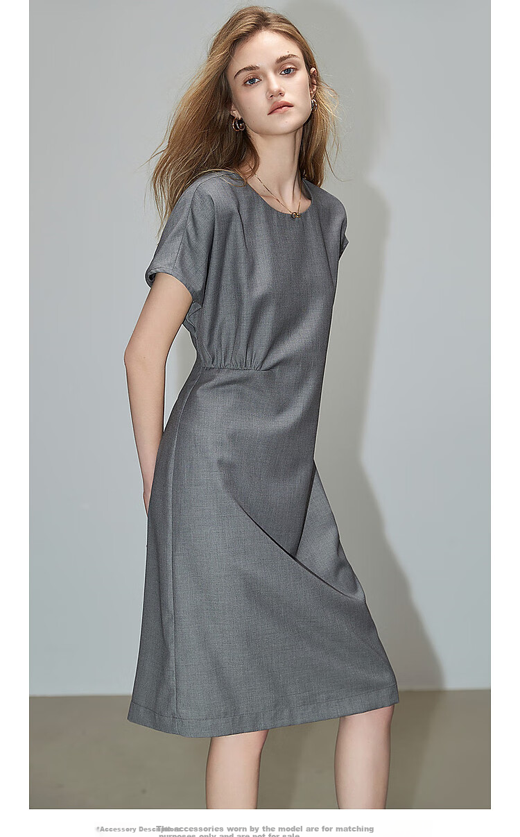 Dme Elegant Large Women's Summer Round Neck Waist-Cinching Urban Asymmetric Pleated Lightweight Commuter Short-Sleeve Dress for Wome 8