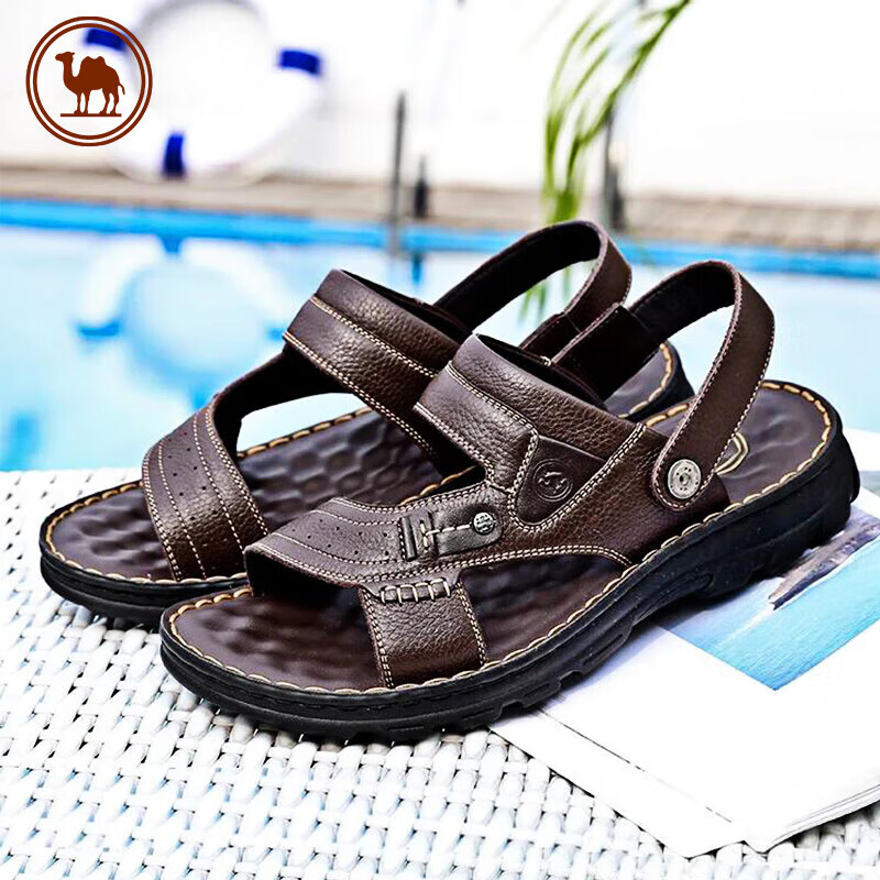 CAMEL Brand Men's Casual Slippers, Genuine Leather Sandals, Cowhide Breathable Wear-Resistant Beach Shoes, W822287612, Brown, Size 41