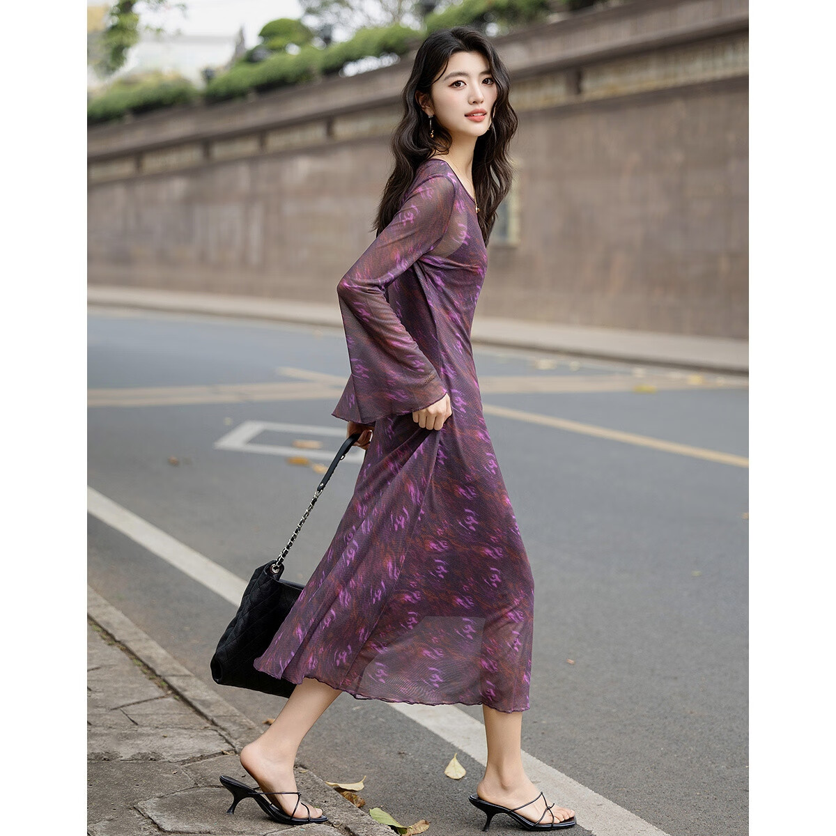 Dme [Urban Lady] Autumn Elegant Style Round Neck Printed Flared Sleeve Waist-Cinching Lined Women's Dress