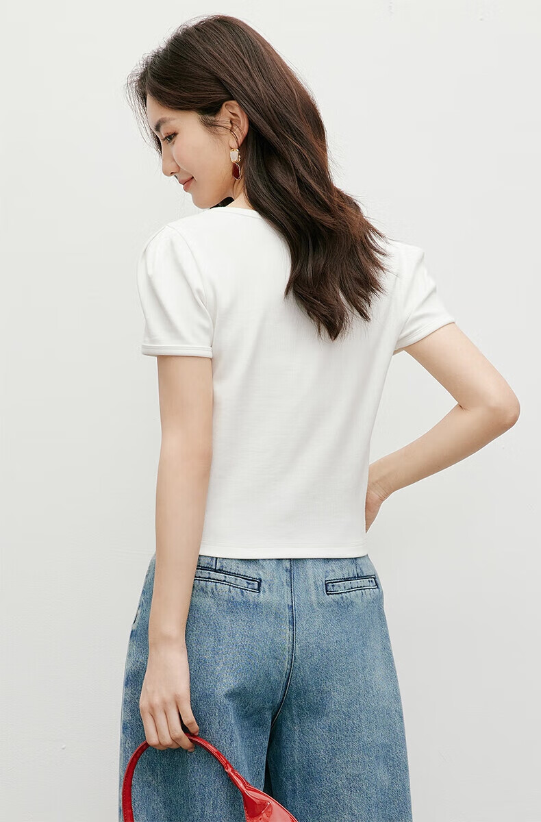 Woodpecker Women's Square Neck Short Sleeve T-Shirt 2025 New Spring Summer Casual Slim Fit Solid Color High-End Top White S 10
