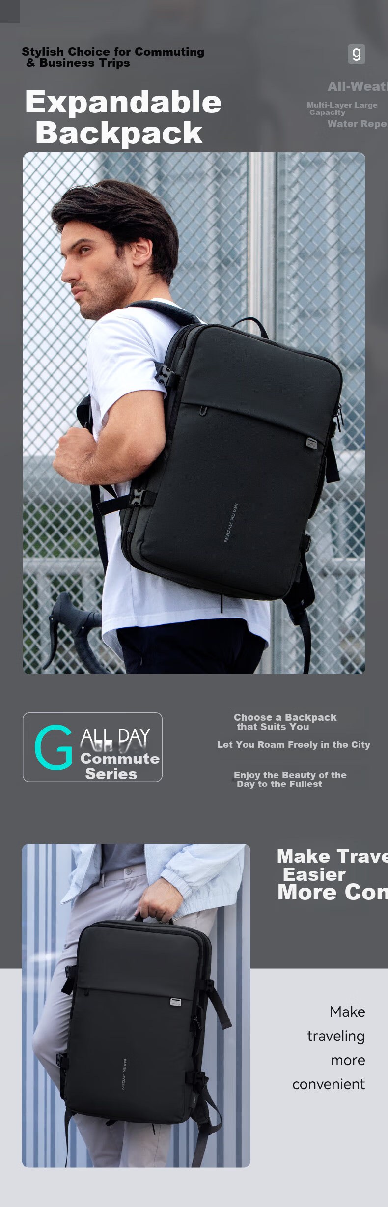 MARK RYDEN Men's Backpack with Expandable Capacity, Business Travel Laptop Bag And School Bag MR8057 Graphite Gray 1