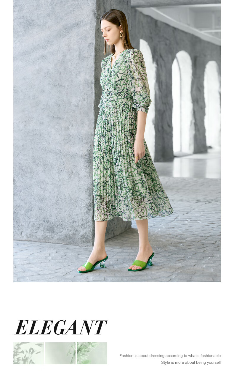 YANYEE Elegant Floral Print A-Line Skirt, 2025 Early Spring, Waist-Cinching Slimming, Commuter Style, V-Neck, Three-Quarter Sleeve Dress, Green Floral Pattern, Size M 1