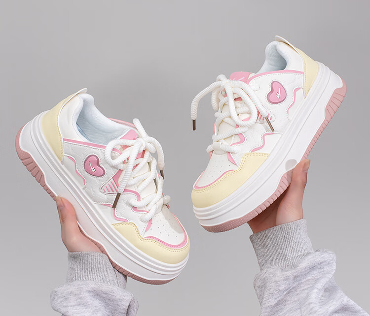 Huili Spring Women's Shoes, Dopamine Versatile Thickened White Sneakers K827Z, White/yellow/pink, Size 35 12