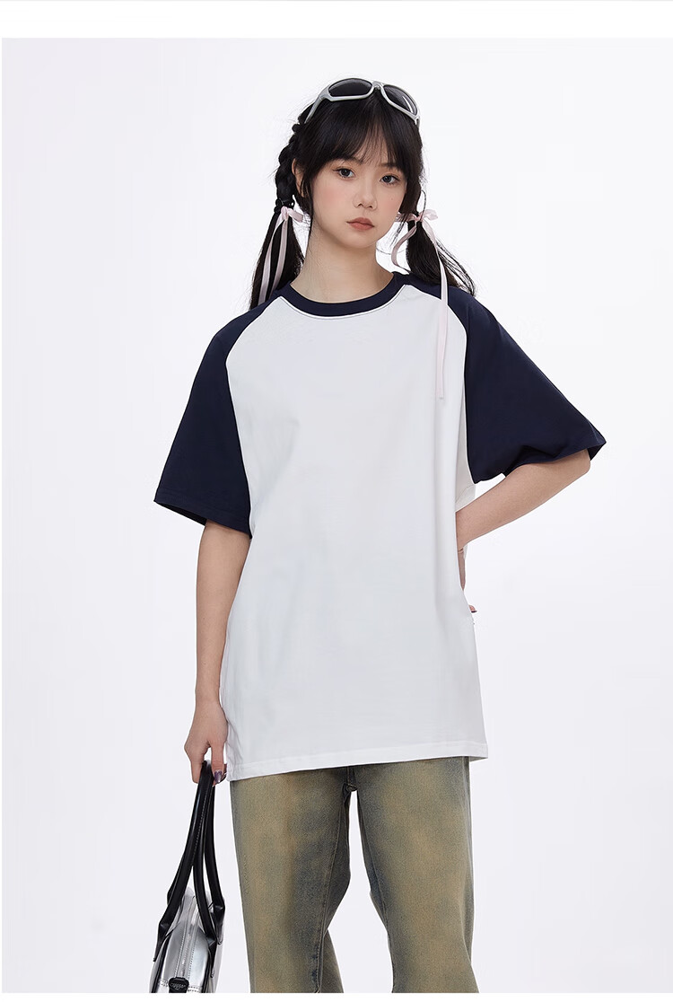 Ziyouxi American-Style Trendy Short-Sleeve T-Shirt for Women, 2026 Summer New Vintage Loose Navy Blue Top, Round Neck Patchwork Half-Sleeve 8