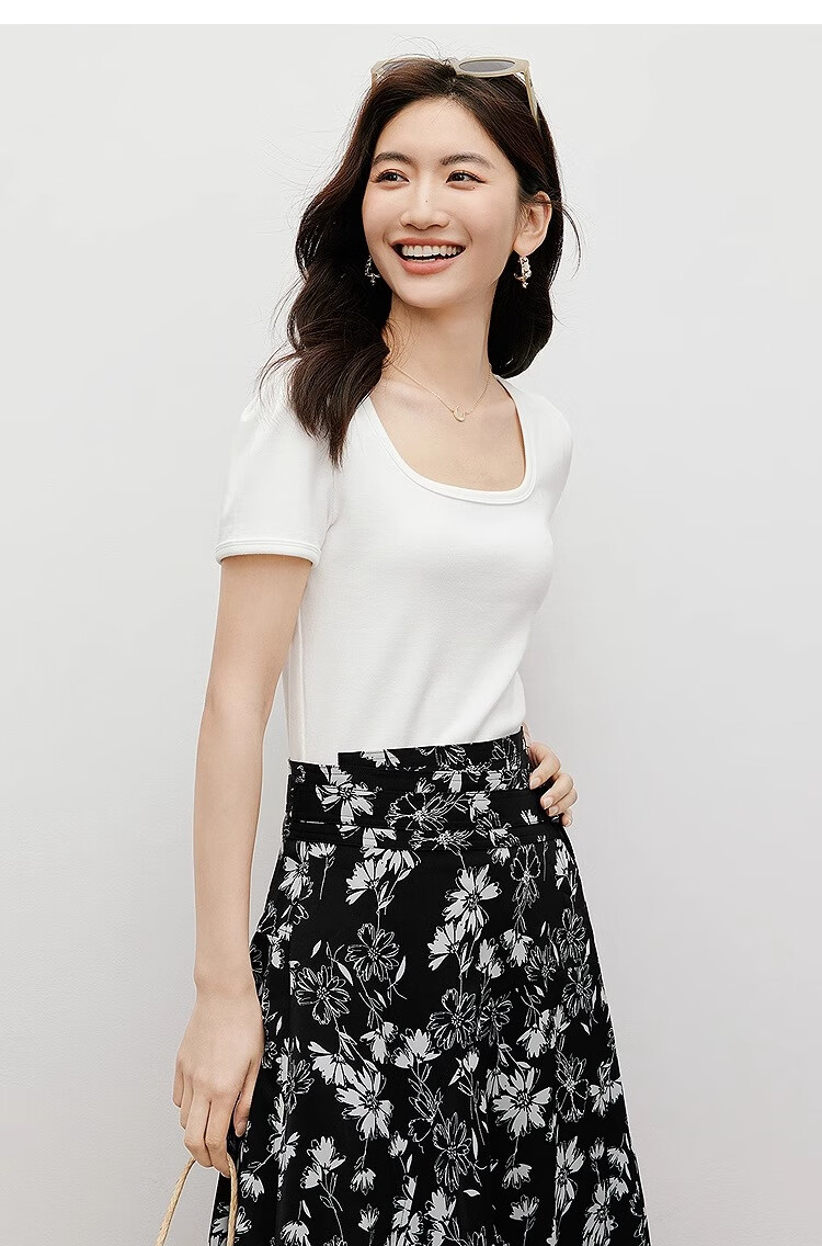 Woodpecker Women's Square Neck Short Sleeve T-Shirt 2025 New Spring Summer Casual Slim Fit Solid Color High-End Top White S 8