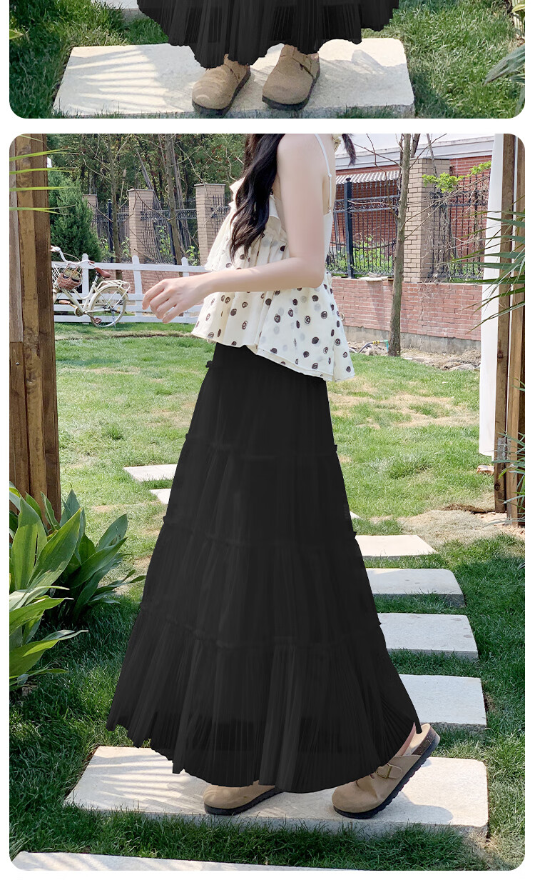 BOPRUIEY Ruffled Mesh Pleated Three-Layer Skirt Spring Summer High Waist Draped Flowy Fairy Long Dress Slimming Cake Skirt for Women 14