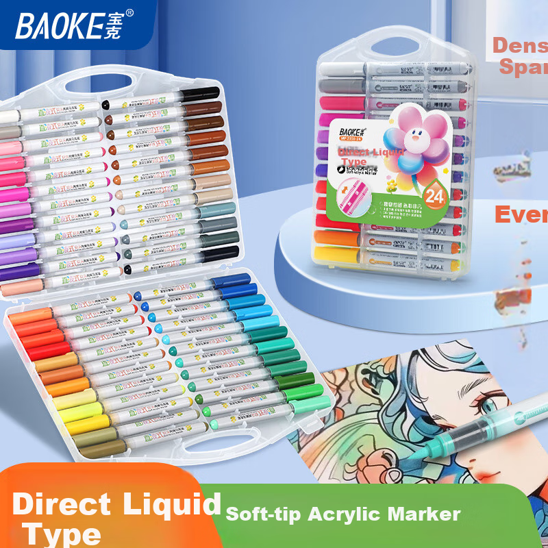 BAOKE MP2956-24 Direct Liquid Soft Tip Acrylic Markers, 24 Colors, Children's Drawing Pens, Safe Non-Toxic Washable