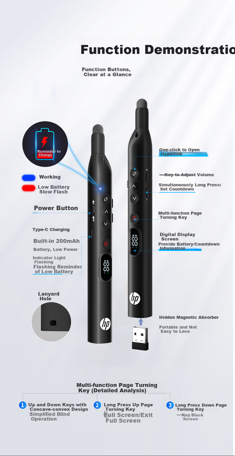 HP SS251 Page-Turning Pen, PPT Laser Pointer Remote Page-Turner, Teacher's Electronic Pointer, Battery-Powered Digital Display LED Screen Countdown Vibration Reminder, Black with Red Light 1