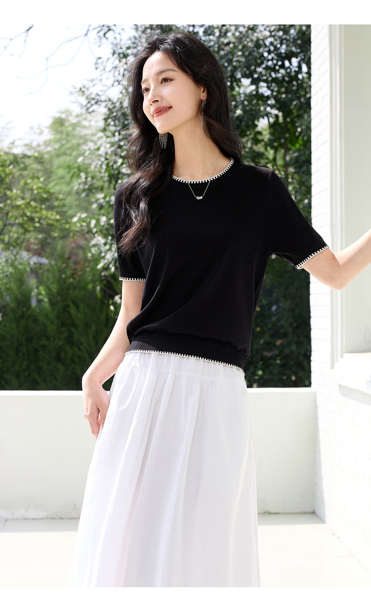Chushen Summer Knitted Short-Sleeve T-Shirt for Women, Fashionable Round Neck Contrasting Color Design, Simple And Elegant Knitted Top Base Shirt S52T025 8