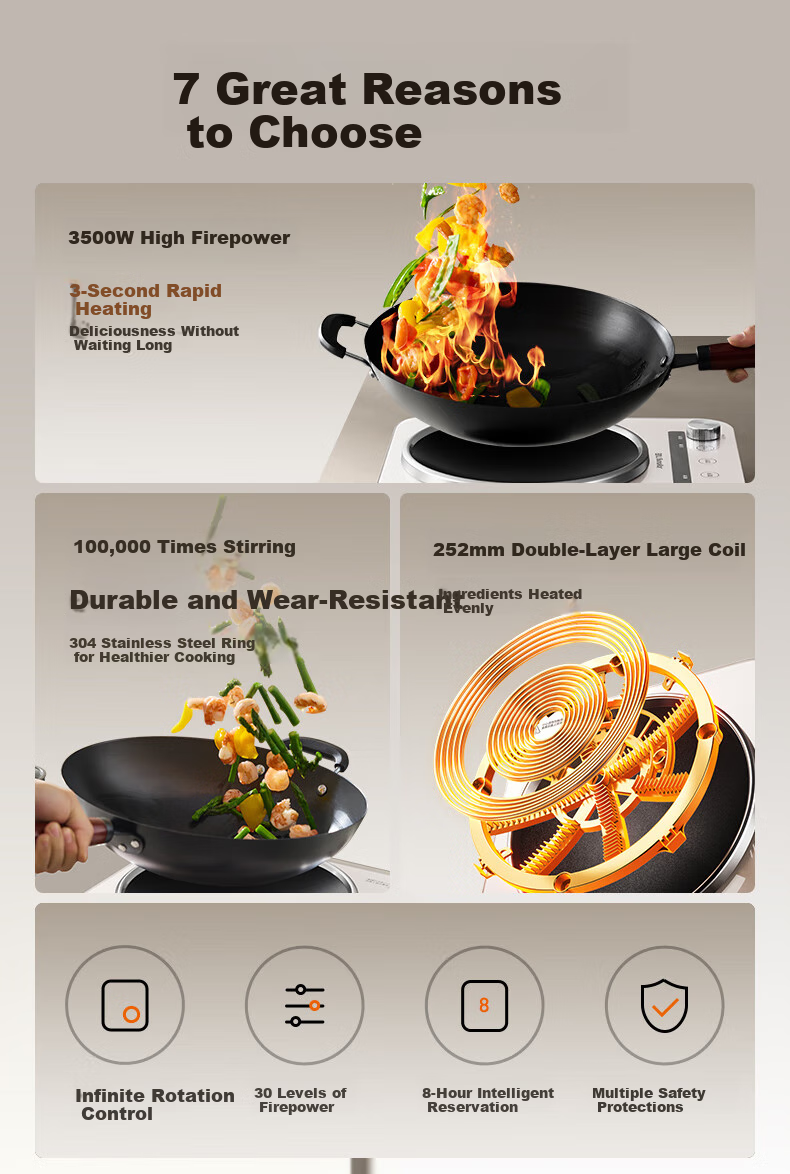 Joyoung Induction Cooker, Concave Electromagnetic Stove, Household Countertop Model, 3500W High Power, Stir-Fry Intense Flame Stove, Multifunctional Deep Concave Arc Surface Cooker N3501 [With Free Special Iron Pot] 3