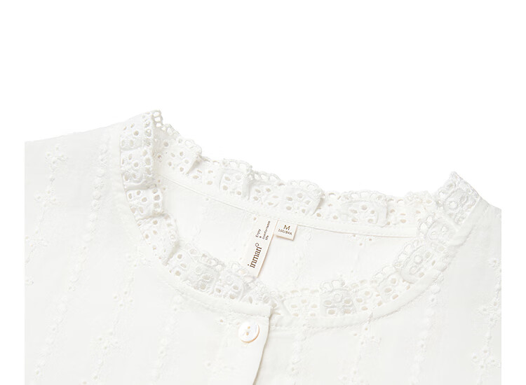 Inman Lotus Leaf Collar Hollow Embroidered Pure Cotton Shirt 2025 Summer Women's Vacation Style Puff Sleeve Blouse Pearl White M 10