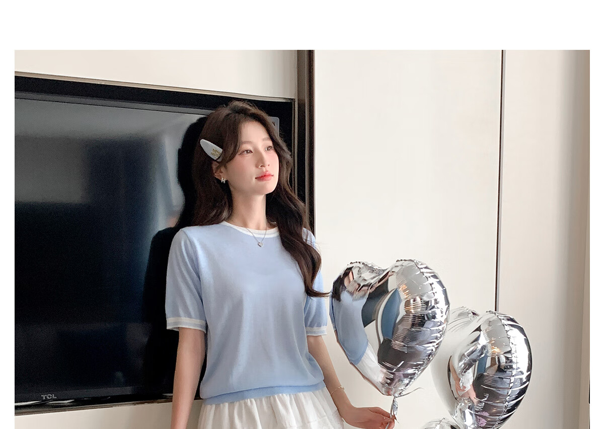 Halo Queen Knitted Short-Sleeve T-Shirt for Women, Round Neck, Contrasting Colors, Fashionable Slimming Top, Contains Wool And Silk, Comfortable Fabric, H52T032 32