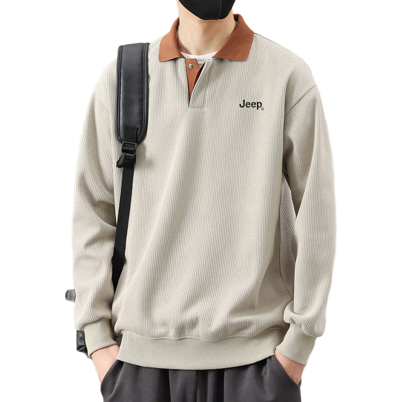 JEEP Men's Heavyweight Autumn Winter Polo Shirt Long Sleeve Casual Top Apricot 2XL