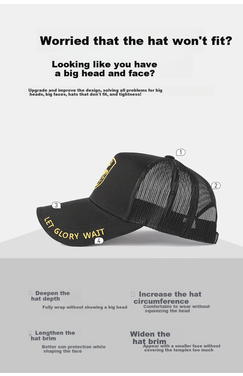 CACUSS Baseball Cap for Men, Summer Breathable Mesh Large Size Duck Tongue Hat, Sun Protection Visor High Top Cap for Men, Black And Gold, Extra Large 5