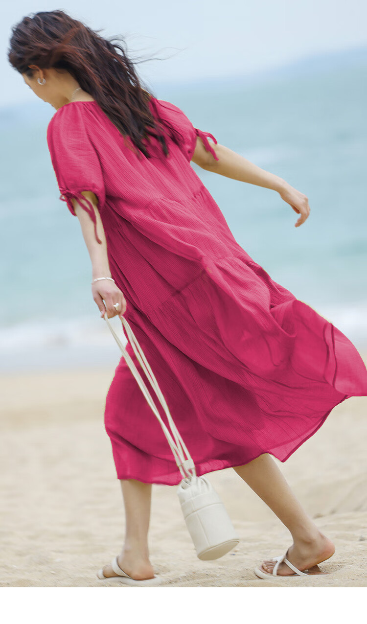 Dme Relaxed Fit Round Neck Long Dress Summer Vacation Fabric Textured Sleeve Cuff Drawstring Design Dress 6