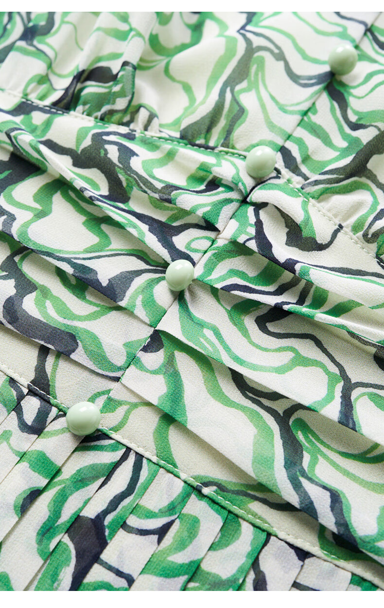 YANYEE Elegant Floral Print A-Line Skirt, 2025 Early Spring, Waist-Cinching Slimming, Commuter Style, V-Neck, Three-Quarter Sleeve Dress, Green Floral Pattern, Size M 9