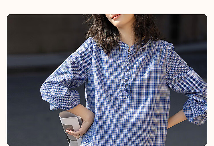 Dme [Salt-Style Youthful Plaid] Spring Small Stand-Collar Cloud-Feel Cotton Shirt with Small Pleats And Elastic Band, Women's Blouse Top 3