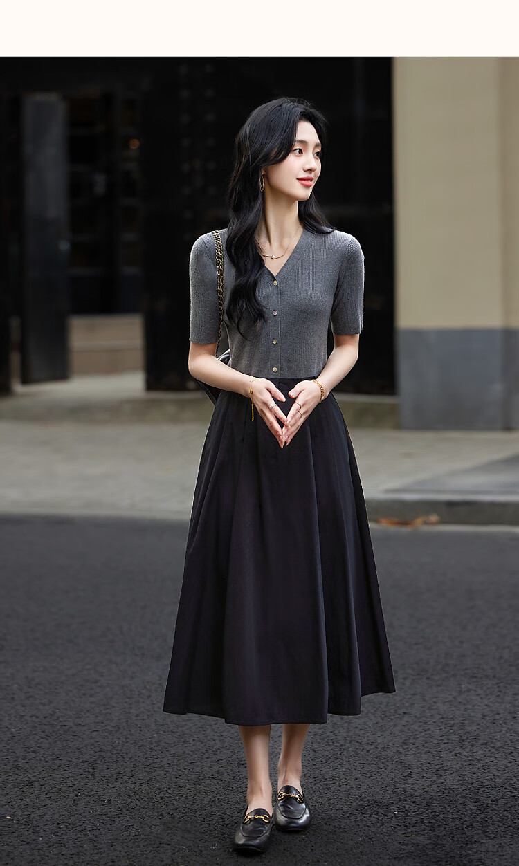 Dme [Containing Wool] Spring Elegant Faux Two-Piece Spliced V-Neck Short-Sleeve A-Line Bodycon Elegant Women's Dress 11