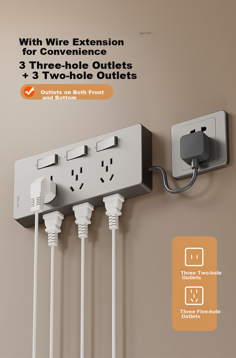 Aokesi Extension Socket with Power Cord, Multifunctional Bedroom Wall Extension Converter Socket, Kitchen Power Strip, Gray 6