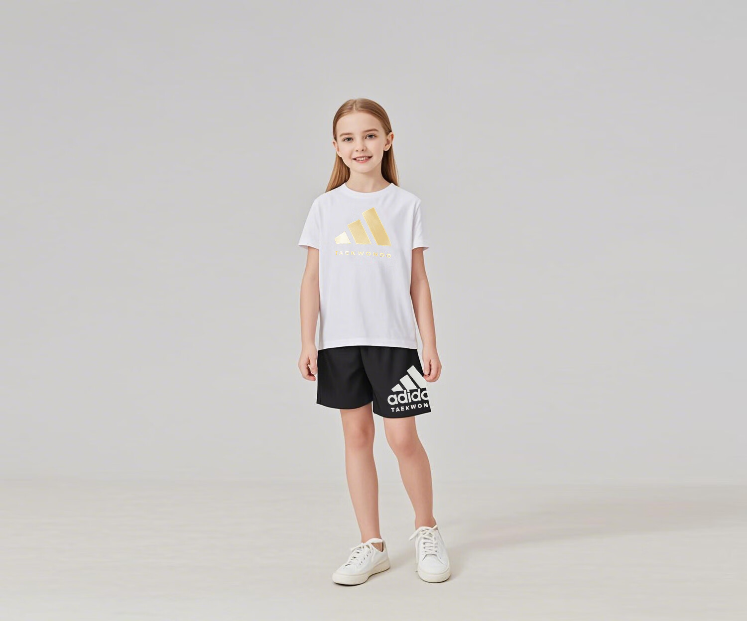 Adidas Children's Short-Sleeve T-Shirt And Shorts Set, White/gold + Black Shorts, Size 140 3