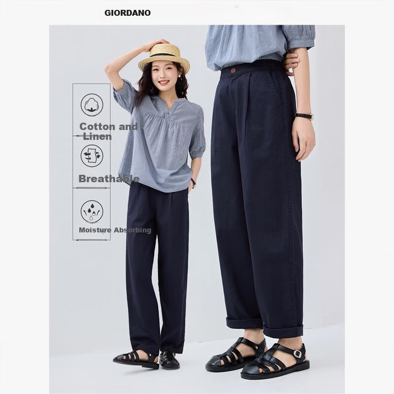 Giordano Women's New Linen Pants, Artistic Style with Pleated Fabric, Semi-Elastic Waist, Casual Long Trousers for Women 13415222