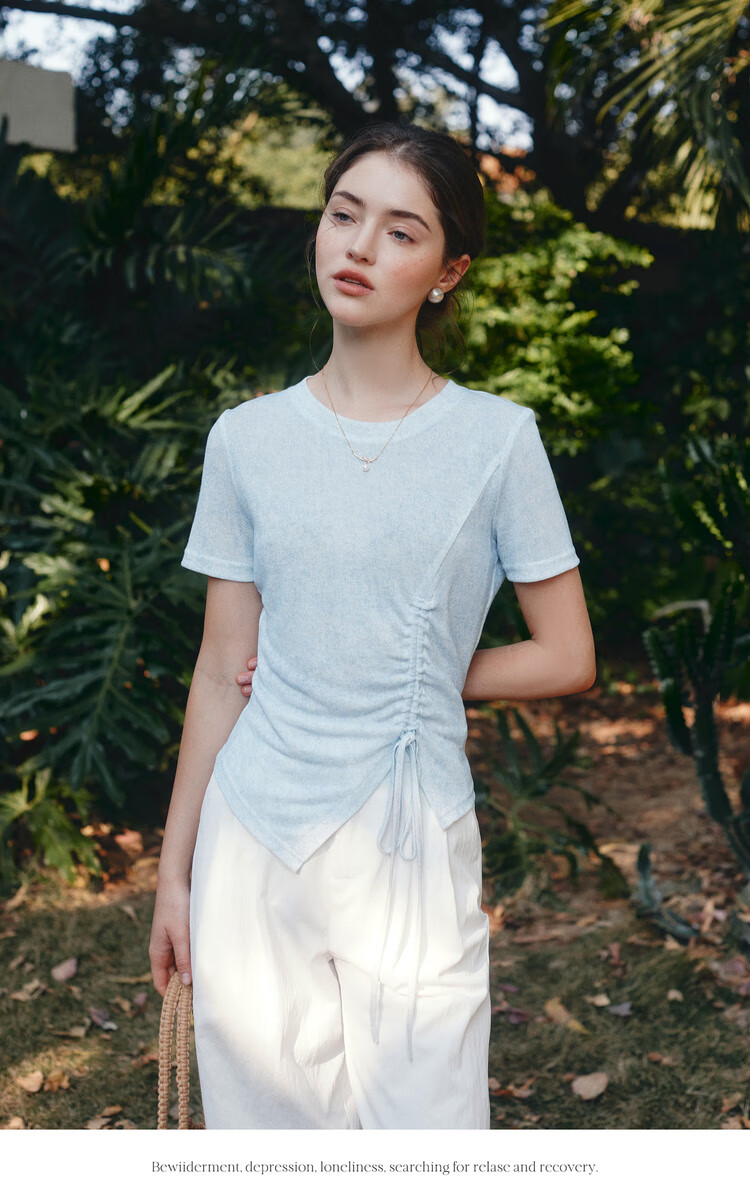 Olrain Oureier Solid Color Irregular Ruched Simple T-Shirt Summer New Waist Ruched Design Top Blue S 9