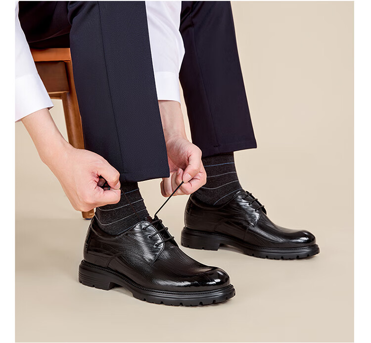 Aokang Men's Shoes, Spring 2025 Business Formal Leather Shoes, Wedding Groom's Height-Increasing Lace-Up Leather Shoes, Black, Size 41 5