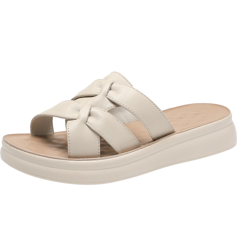 ZHR Zese First Layer Cowhide Thick Sole Women's Summer Casual Beach Woven Slippers Soft Comfort Shoes EQ09 Beige Size 37
