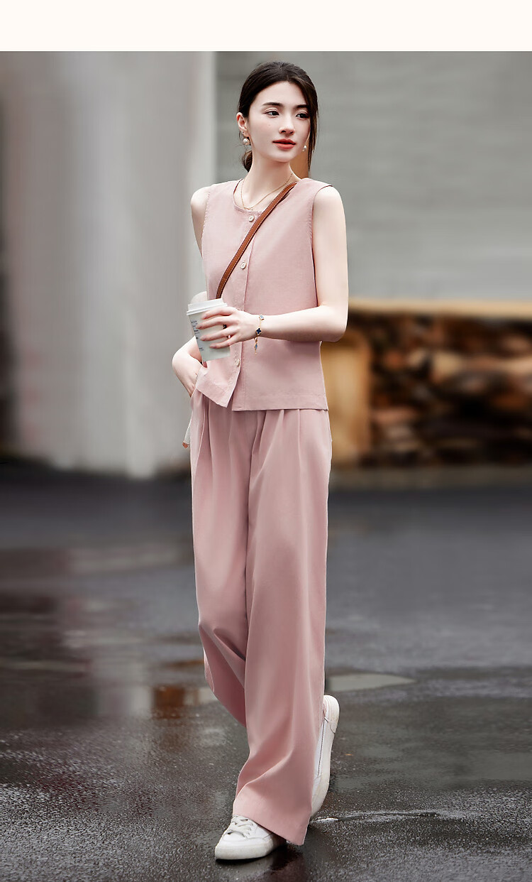 Dme High-Sense CBD Commuter Summer Minimalist Cotton Set Round Neck Vest Elastic Waist Pants Two-Piece Set 14